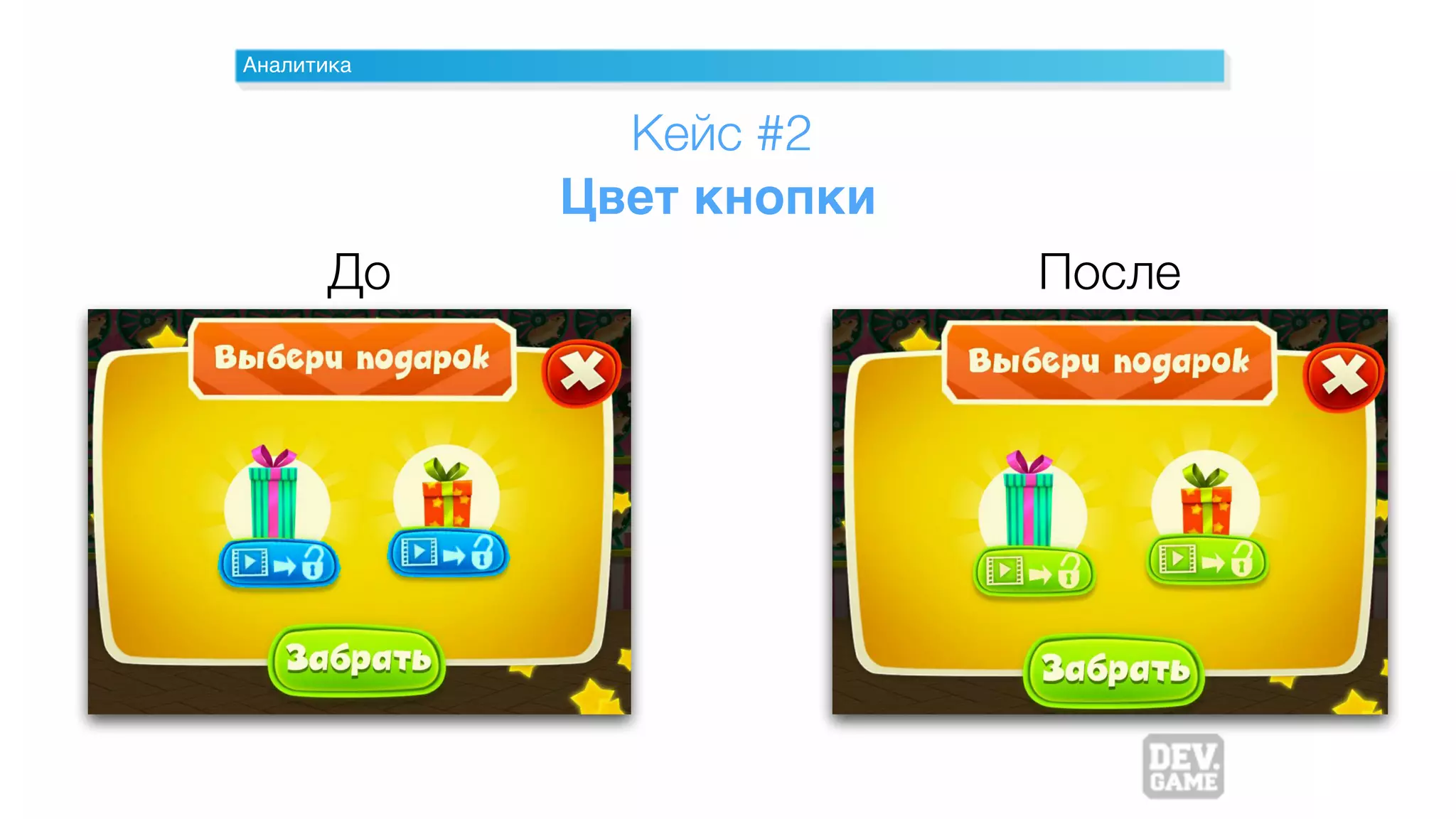 Аналитика
Кейс #2
Цвет кнопки
До После
 
