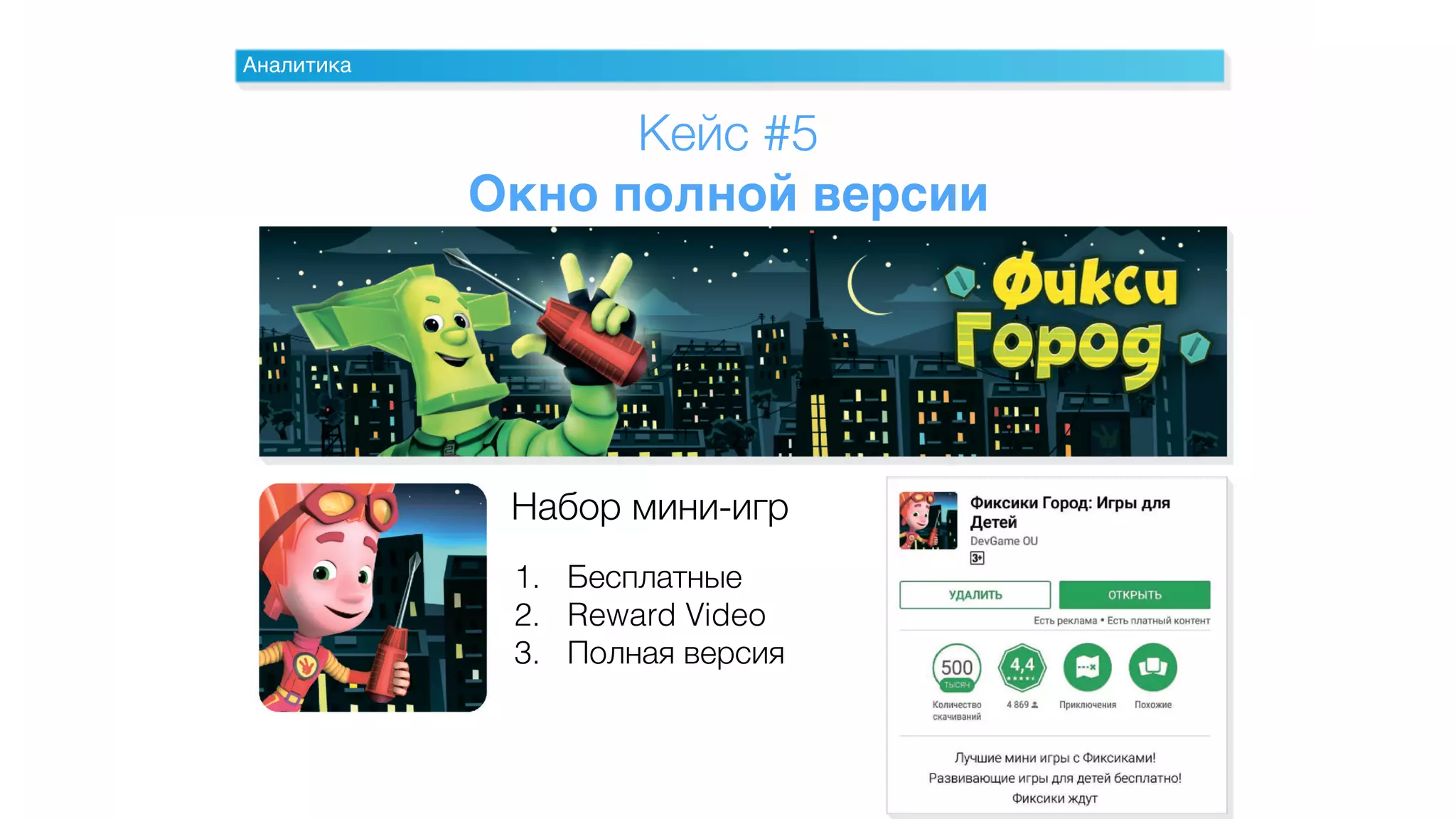 Аналитика
Набор мини-игр
1. Бесплатные
2. Reward Video
3. Полная версия
Кейс #5
Окно полной версии
 
