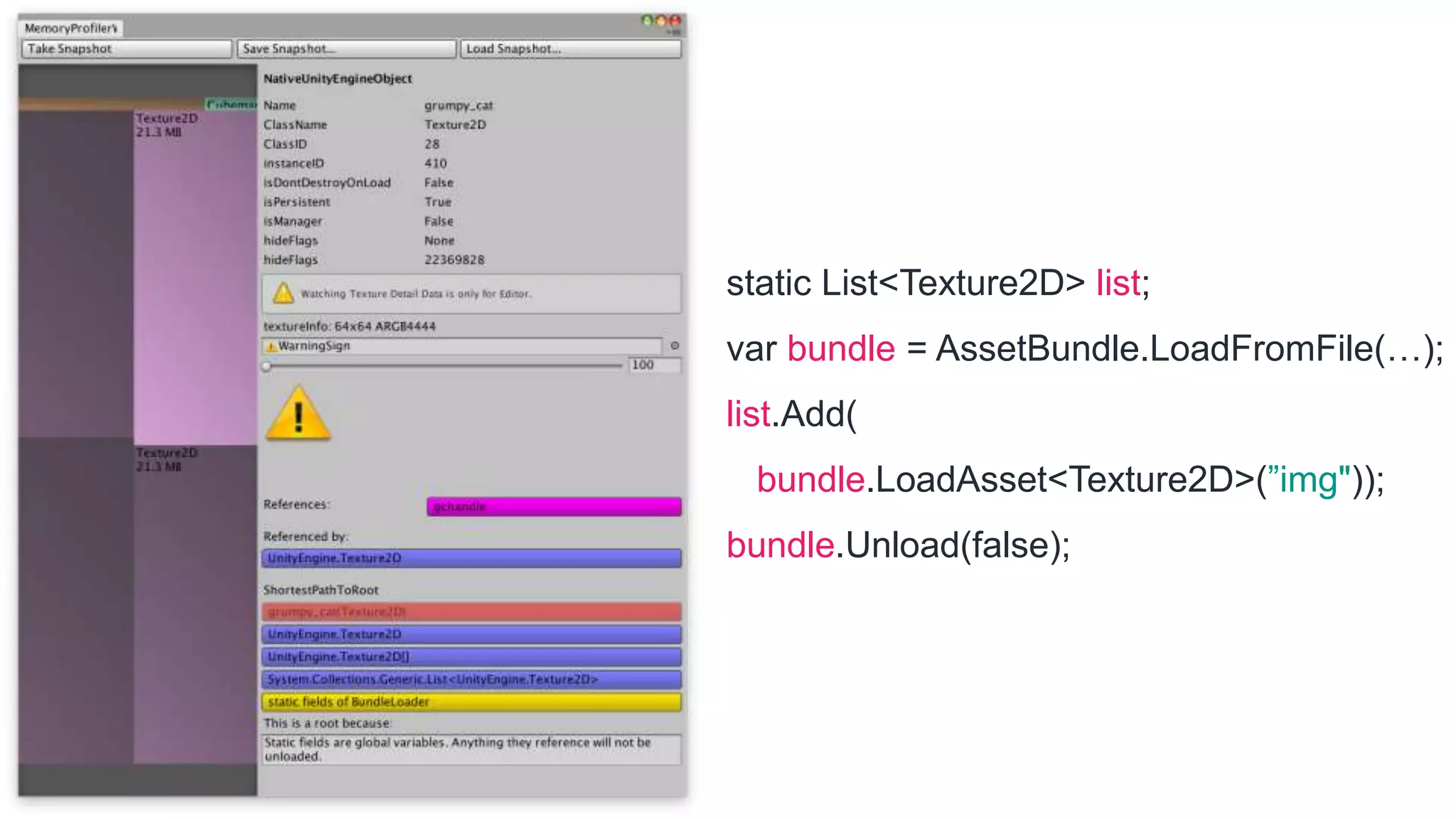static List<Texture2D> list;
var bundle = AssetBundle.LoadFromFile(…);
list.Add(
bundle.LoadAsset<Texture2D>(”img"));
bundle.Unload(false);
 