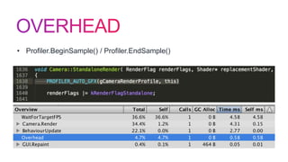 • Profiler.BeginSample() / Profiler.EndSample()
 