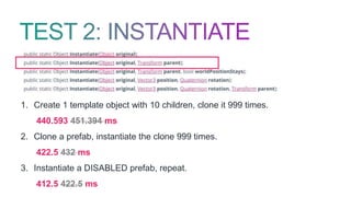 1. Create 1 template object with 10 children, clone it 999 times.
440.593 451.394 ms
2. Clone a prefab, instantiate the clone 999 times.
422.5 432 ms
3. Instantiate a DISABLED prefab, repeat.
412.5 422.5 ms
 