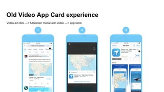 Old Video App Card experience
Video ad click —> fullscreen modal with video —> app store
1x1 Image Aspect Ratio
1 2 3
 