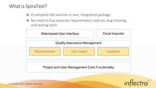 © Copyright 2017, Inflectra Corporation
What is SpiraTest?
 A complete QA solution in one, integrated package
 No need to buy separate requirements capture, bug tracking,
and testing tools
Quality Assurance Management
Web-based User Interface
Project and User Management Core Functionality
Excel Importer
Requirements Test Cases Incidents
 