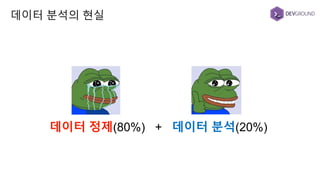 데이터 분석의 현실
데이터 정제(80%) + 데이터 분석(20%)
 