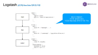 Logstash [2단계] Raw Data 정제 및 저장
별도의 개발없이
간단한 설정만으로도
수집된 Raw Data 정제 및 저장 가능
 