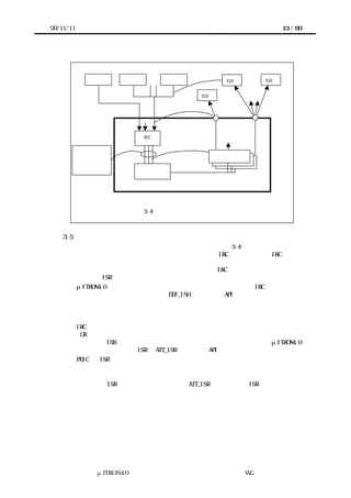 99/11/11                                                          13 / 60




                                      対応
             デバイス   デバイス    ・・ デバイス
                             ・                 ISR     ・・
                                                        ・   ISR


                                      ISR

                                 対応




                           IRC

                                 対応
           ベクトル
                                            割込みハンドラ
           エンコード                             割込みハンドラ
                                              割込みハンドラ
           一本の場合も
                        プロセッサ


                                                     割込みシステム




                       図 3-4 割込みシステムの内部構造



    3.5    割込みシステムの内部構造
       次に、割込みシステムの典型的な内部構造を説明する。図 3-4 に内部構造のモデルを
      示す。このモデルでは、デハイスからの割込み要求は、IRC に入力される。IRC は割込
      み要求をプロセッサに伝える。プロセッサは割込み要求を受けるとそれに対応する割
      込みハンドラを起動する。割込みハンドラは必要なら IRC の状態を調べ、割込み入力
      に対応する ISR を起動するなどの処理を行う。
       μITRON4.0 仕様との対応について補足すると、割込みハンドラは、IRC からプロセッ
      サへの割込み要求の種類に対応して DEF_INH という静的 API によって登録される。割
      込みベクトルを持つプロセッサでは、ベクトル毎に異なる割り込みハンドラが存在す
      ると考える。割込みベクトルを持たないプロセッサでは、割込みハンドラが一つだけ
      存在すると考える。
       IRC の入力は割込み番号で識別される。前述した割込みシステムへの入力のワイヤー
      ド OR は、一つの割込み番号に複数のデバイスの割込み要求ラインが対応するというモ
      デルとなる。ISR はデバイスからの割込み要求ラインに対応して存在する。μITRON4.0
      仕様では、割込み番号と ISR は ATT_ISR という静的 API によって対応づけられる。
       PDIC の ISR を移植して利用するために必要な作業は、カーネルを使うかどうか、ま
      た、そのカーネルがここに述べたモデルをどの程度サポートしているかどうかに依存
      して増減する。
       カーネルが ISR までサポートしていれば、ATT_ISR 相当の機能で ISR を登録するだけ
      でよい。割込みハンドラまでのサポートの場合は、後述する「割込みサービスルーチ
      ンを起動するための処理」の部分を割込みハンドラとして作成する必要がある。カー
      ネルを使用しない場合は、これに加えてやはり後述する「割込みハンドラの出入口処
      理」の部分も作成する必要がある。
       これら仮想化に対応するソフトウェアを作成するためには、ハードウェアの実装方法
      のうち、




               μITRON4.0 仕様研究会 デバイス ラ
                                   ド イバ設計ガイ ラ
                                           ド イン WG
 
