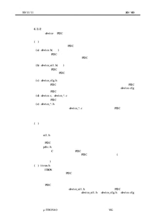 99/11/11                                                     20 / 60




           4.3.2 ファイル構成
           デバイス device の PDIC は次のようなファイルから構成される。


           (１)    実装者が用意するファイル
            以下のファイルは実装者が PDIC ごとに用意する。
            (a) device.h(必須)
                  この PDIC が提供するマクロや関数のプロトタイプなど、上位層が必要とす
                  る情報を含むヘッダファイル。PDIC 内部および上位層にインクルードされ
                  る。
            (b) device_sil.h(必須)
                  この PDIC が依存するシステムインタフェースレイヤーのためのヘッダファ
                  イル。この PDIC 内部にインクルードされる。必要に応じて移植者が書き換
                  える。
            (c) device_cfg.h
                  この PDIC が依存する定数やデータ型の情報を含むヘッダファイル。
                                                   この PDIC
                  内部にインクルードされる。必要に応じて移植者が書き換える。device.cfg
                  この PDIC をカーネルに組み込むためのコンフィギュレーションファイル。
            (d) device.c, device_*.c
                  この PDIC を構成するソースファイル。
            (e) device_*.h
                  あるソースファイル device_*.c で定義された名前のうち、PDIC 内部の他の
                  ソースファイルから必要となる名前を宣言するヘッダファイル。つまりスタ
                  ティックでない関数やグローバル変数の宣言を含む。


           (２)    別途に用意されるファイル
            以下のファイルはターゲットハードウェアに対してただ一つ存在する。もっぱら移
           植者の責任で用意することになる。実装者が用意する必要はない。
           （ａ） sil.h
                   システム提供関数群のプロトタイプやマクロの情報を含むヘッダファイル。
                   PDIC から独立して存在する。
           （ｂ） pdic.h
                  標準 C ライブラリのうち PDIC から利用できる関数のプロトタイプやマクロ
                  の情報を含むヘッダファイル。PDIC から独立して存在する。(将来的に、デ
                  バイスドライバ設計ガイドラインの一部として提供することを検討中であ
                  る。)
           (ｃ) itron.h
                  ITRON 仕様共通定義で規定されるデータ型、定数、マクロの定義などを含む
                  ヘッダファイル。PDIC から独立して存在する。特にデータ型を参照するた
                  め必要になる。


           実装者は PDIC がこれらのファイル以外に依存しないように実装する。
       移植者は、実装者が用意した device_sil.h などを書き換えることで PDIC をターゲッ
      トハードウェアに移植する。また移植者は device_sil.h や device_cfg.h や device.cfg
      をターゲットハードウェアで用意した別のヘッダファイルに依存するように変更して




                 μITRON4.0 仕様研究会 デバイス ラ
                                     ド イバ設計ガイ ラ
                                             ド イン WG
 