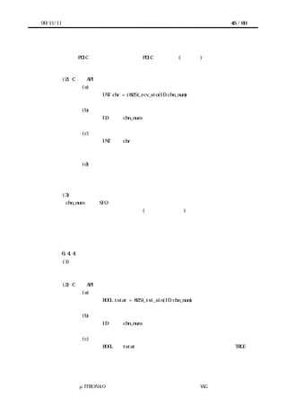 99/11/11                                                          45 / 60




            デバイスがデータを受信していない場合は即時エラー終了する。データが受信され
           るまで PDIC 内で待つ選択もあるが、PDIC の設計方針(即時終了)に基づき即時エラー
           終了とする。なお、受信完了は割込みにて通知されるものとする。


           (2) C 言語 API
                    (a) コーリングシーケンス
                          INT chr = i8251_rcv_sio(ID chn_num)


                    (b) パラメータ
                          ID      chn_num          チャネル番号


                    (c) リターンパラメータ
                          INT     chr       受信したデータ または エラーコード
                                            エラーコードは負数


                    (d) エラーコード
                          デバイス未初期化
                          データ未受信


           (3) 機能
            chn_num で示す SIO デバイスに対し以下を実施する。
            デバイスが未初期化状態の場合は、(デバイス未初期化)でエラー終了する。
            デバイスの受信バッファにデータが受信されている場合は、受信したデータを符号
           拡張せずデータをリターンパラメータとして終了する。デバイスの受信バッファにデ
           ータが受信されていない場合は、（データ未受信）でエラー終了する。



           6.4.4 デバイス送信状態提示
           (1) 概要
           デバイスがデータを送信している否かを返す。


           (2) C 言語 API
                    (a) コーリングシーケンス
                          BOOL tstat = 8251_tst_sio(ID chn_num)


                    (b) パラメータ
                          ID      chn_num          チャネル番号


                    (c) リターンパラメータ
                          BOOL    tstat     デバイスがデータを送信している場合  TRUE
                                            デバイスがデータを送信していない
                                        または




                 μITRON4.0 仕様研究会 デバイス ラ
                                     ド イバ設計ガイ ラ
                                             ド イン WG
 