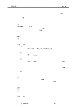 99/11/11                                                           46 / 60




                                     デバイスが初期化されていない場合   FALSE


                    (d) エラーコード
                          なし


           (3) 機能
            chn_num で示される SIO デバイスに対し以下を実施する。
            デバイスがデータを送信している場合は TRUE を返却する。デバイスが未初期化状
           態またはデータを送信していな場合は FALSE を返却する。



           6.4.5 デバイス受信状態提示
           (1) 概要
           デバイスがデータを受信している否かを返す。


           (2) C 言語 API
               (a) コーリングシーケンス
                          BOOL rstat = i8251_rst_sio(ID chn_num)


               (b) パラメータ
                          ID      chn_num          チャネル番号


               (b) パラメータ
                          BOOL    rstat     デバイスがデータを受信している場合 TRUE
                                            デバイスがデータを受信していない
                                          または
                                            デバイスが初期化されていない場合  FALSE


               (d) エラーコード
                          なし


           (3) 機能
            デバイスがデータを受信している場合は TRUE を返却する。
            デバイスが未初期化状態またはデータを受信していな場合は FALSE を返却する。



           6.4.6 デバイス送信割込み状態提示
           (1) 概要
           デバイスで送信完了割込みが発生しているか否かを返す。


           (2) C 言語 API




                 μITRON4.0 仕様研究会 デバイス ラ
                                     ド イバ設計ガイ ラ
                                             ド イン WG
 