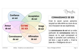 Page 13
14/09/2018
Confiance
en soi
Acceptation
de soi
Image
de soi
Amour
de soi
ESTIME
DE SOI
Affirmation
de soi
Connaissance
de soi
CONNAISSANCE DE SOI
C’est le savoir qu'une personne
acquiert sur elle-même au cours de sa
vie à l'occasion de ses expériences.
La connaissance de soi est un ordre
particulier de connaissance dans la
mesure où le sujet connaissant et
l'objet à connaître sont confondus, il
est donc « juge et partie ». C’est la
base de « l’intelligence de soi »
Atelier – Renforcer son estime de soi Henri-Philippe GODEAU
 