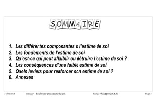 Page 2
14/09/2018
1. Les différentes composantes d l’estime de soi
2. Les fondements de l’estime de soi
3. Qu’est-ce qui peut affaiblir ou détruire l’estime de soi ?
4. Les conséquences d’une faible estime de soi
5. Quels leviers pour renforcer son estime de soi ?
6. Annexes
Atelier – Renforcer son estime de soi Henri-Philippe GODEAU
 