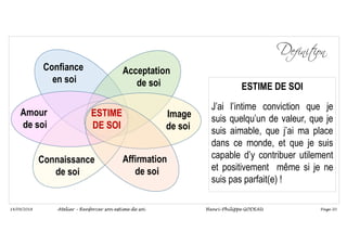 Page 20
14/09/2018
Confiance
en soi
Acceptation
de soi
Image
de soi
Amour
de soi
ESTIME
DE SOI
Affirmation
de soi
Connaissance
de soi
ESTIME DE SOI
J’ai l’intime conviction que je
suis quelqu’un de valeur, que je
suis aimable, que j’ai ma place
dans ce monde, et que je suis
capable d’y contribuer utilement
et positivement même si je ne
suis pas parfait(e) !
Atelier – Renforcer son estime de soi Henri-Philippe GODEAU
 