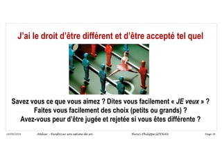 Page 36
14/09/2018
J’ai le droit d’être différent et d’être accepté tel quel
Savez vous ce que vous aimez ? Dites vous facilement « JE veux » ?
Faites vous facilement des choix (petits ou grands) ?
Avez-vous peur d’être jugée et rejetée si vous êtes différente ?
Atelier – Renforcer son estime de soi Henri-Philippe GODEAU
 
