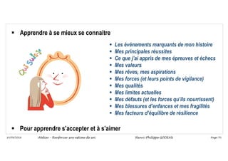 Page 70
14/09/2018
La confiance en soi n’est pas un don tombé du ciel. Elle peut
avoir été détruite ou niée pur de multiples raisons, mais elle peut
se révéler à tout moment, aussi bien dans votre vie privée, que
sociale ou professionnelle, si vous lui permettez de renaître
progressivement et de se développer à nouveau …
 Apprendre à se mieux se connaitre
 Pour apprendre s’accepter et à s’aimer
 Les évènements marquants de mon histoire
 Mes principales réussites
 Ce que j’ai appris de mes épreuves et échecs
 Mes valeurs
 Mes rêves, mes aspirations
 Mes forces (et leurs points de vigilance)
 Mes qualités
 Mes limites actuelles
 Mes défauts (et les forces qu’ils nourrissent)
 Mes blessures d’enfances et mes fragilités
 Mes facteurs d’équilibre de résilience
Atelier – Renforcer son estime de soi Henri-Philippe GODEAU
 