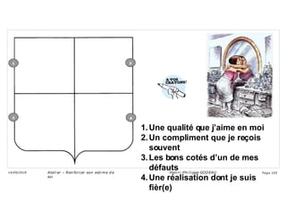 1.Une qualité que j’aime en moi
2.Un compliment que je reçois
souvent
3.Les bons cotés d’un de mes
défauts
4.Une réalisation dont je suis
fièr(e)
Ateli er – Ren forcer son esti me d e
soi
Hen ri -Phi li ppe GODEAU
14/09/2018 Page 105
 