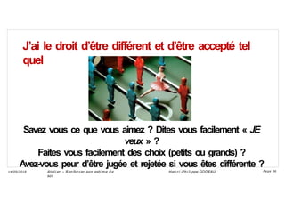 J’ai le droit d’être différent et d’être accepté tel
quel
Savez vous ce que vous aimez ? Dites vous facilement « JE
veux » ?
Faites vous facilement des choix (petits ou grands) ?
Avez-vous peur d’être jugée et rejetée si vous êtes différente ?
Ateli er – Ren forcer son esti me d e
soi
Hen ri -Phi li ppe GODEAU
14/09/2018 Page 36
 