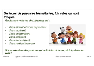 S’entourer de personnes bienveillantes, fuir celles qui sont
toxiques
Gardez dans votre vie des personnes qui :
- Vous aiment et vous apprécient
- Vous motivent
- Vous encouragent
- Vous inspirent
- Vous enrichissent
- Vous rendent heureux
Si vous connaissez des personnes qui ne font rien de ce qui précède, laissez les
partir !
Ateli er – Ren forcer son esti me d e
soi
Hen ri -Phi li ppe GODEAU
14/09/2018 Page 76
 