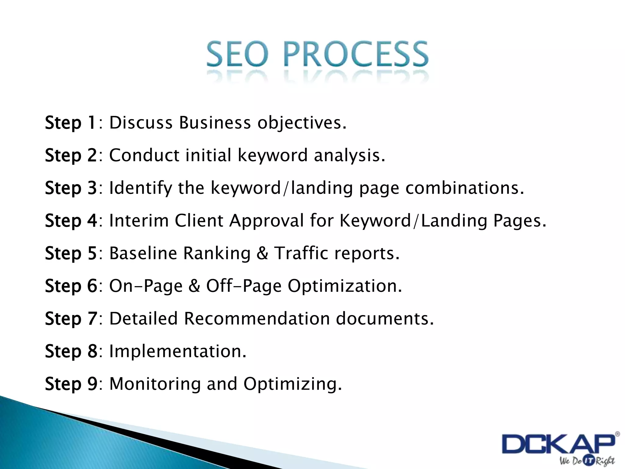 Step 1: Discuss Business objectives.
Step 2: Conduct initial keyword analysis.
Step 3: Identify the keyword/landing page combinations.
Step 4: Interim Client Approval for Keyword/Landing Pages.
Step 5: Baseline Ranking & Traffic reports.
Step 6: On-Page & Off-Page Optimization.
Step 7: Detailed Recommendation documents.
Step 8: Implementation.
Step 9: Monitoring and Optimizing.
 