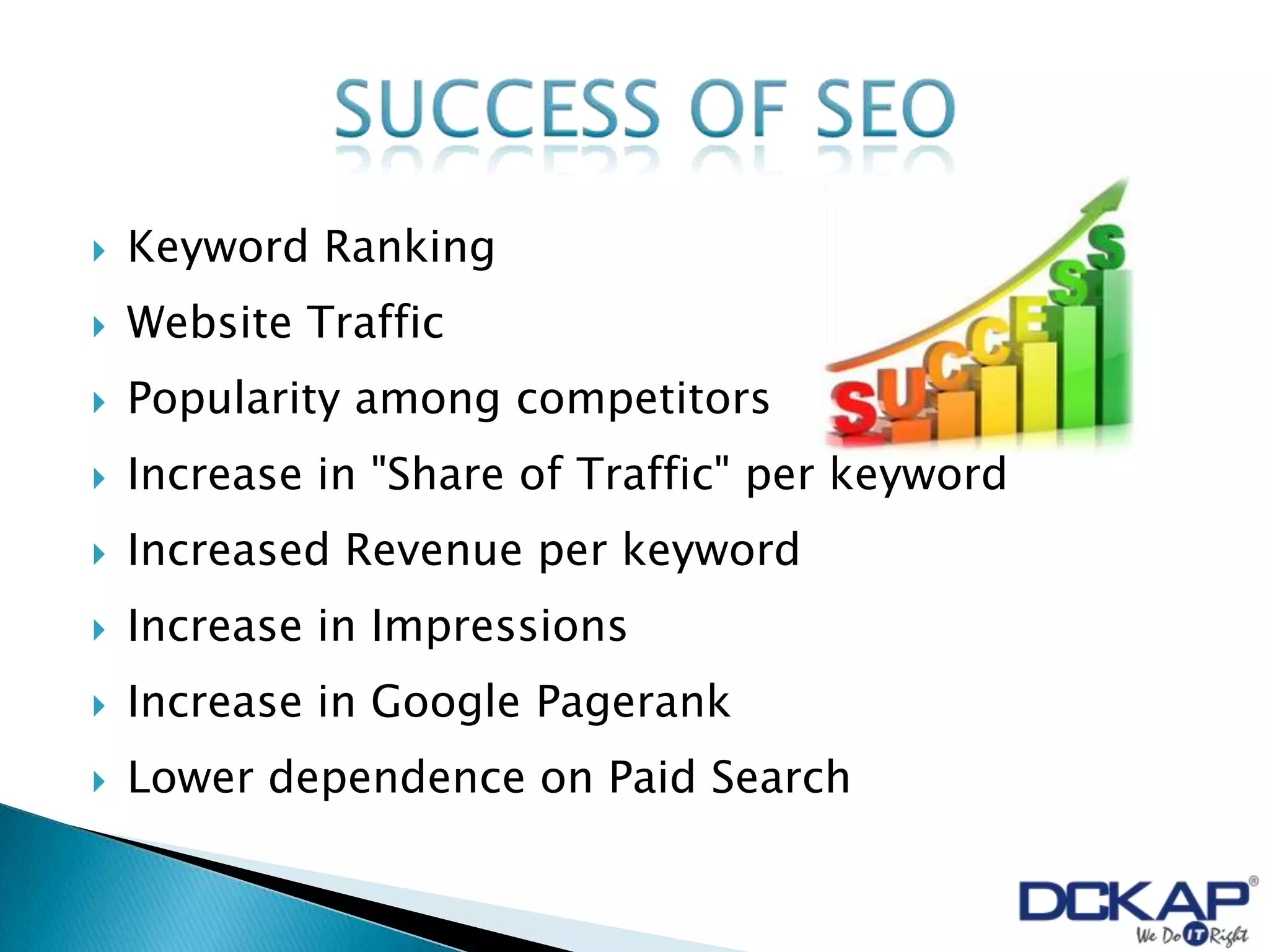    Keyword Ranking
   Website Traffic
   Popularity among competitors
   Increase in "Share of Traffic" per keyword
   Increased Revenue per keyword
   Increase in Impressions
   Increase in Google Pagerank
   Lower dependence on Paid Search
 