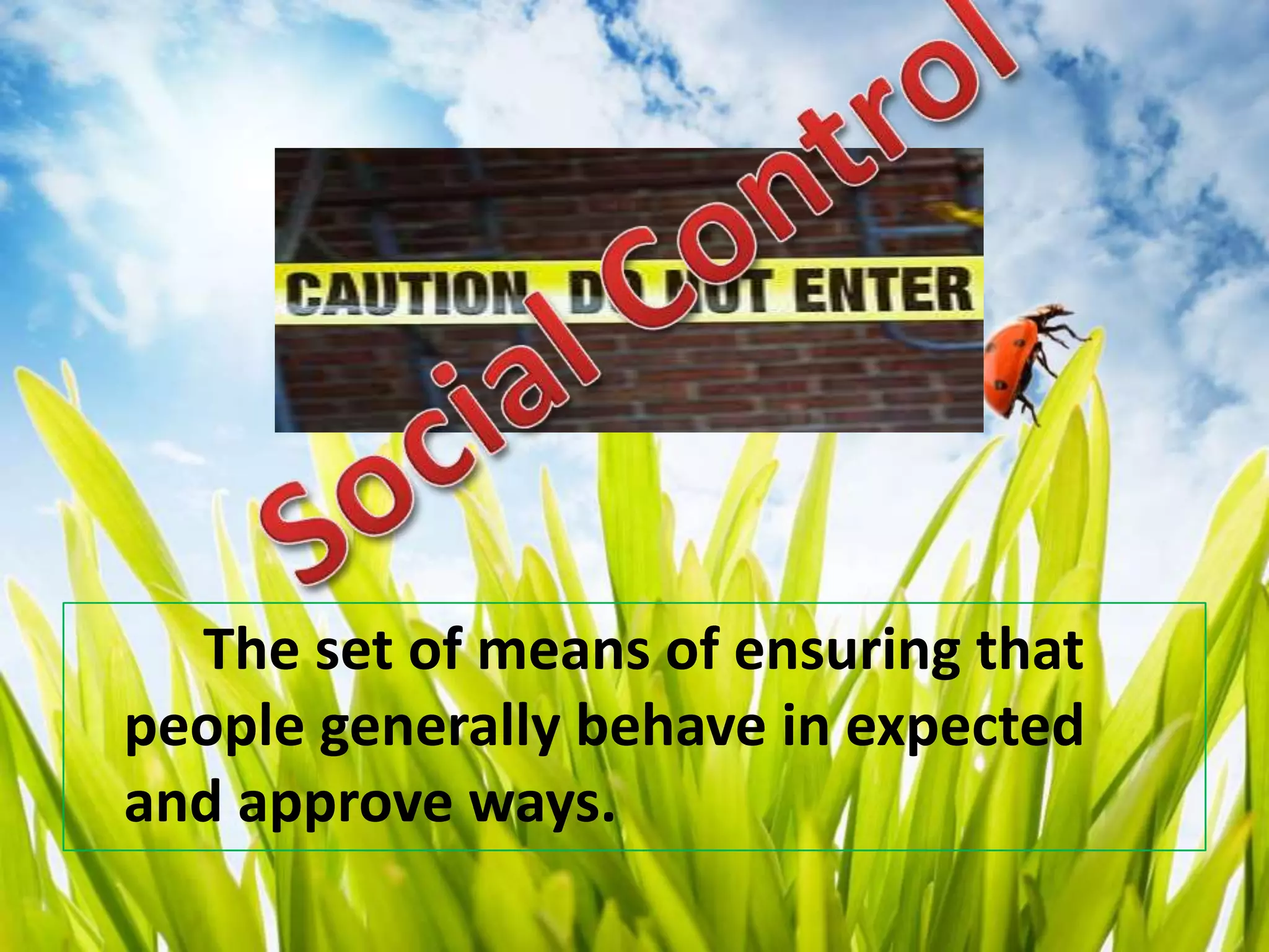 The set of means of ensuring that
people generally behave in expected
and approve ways.
 