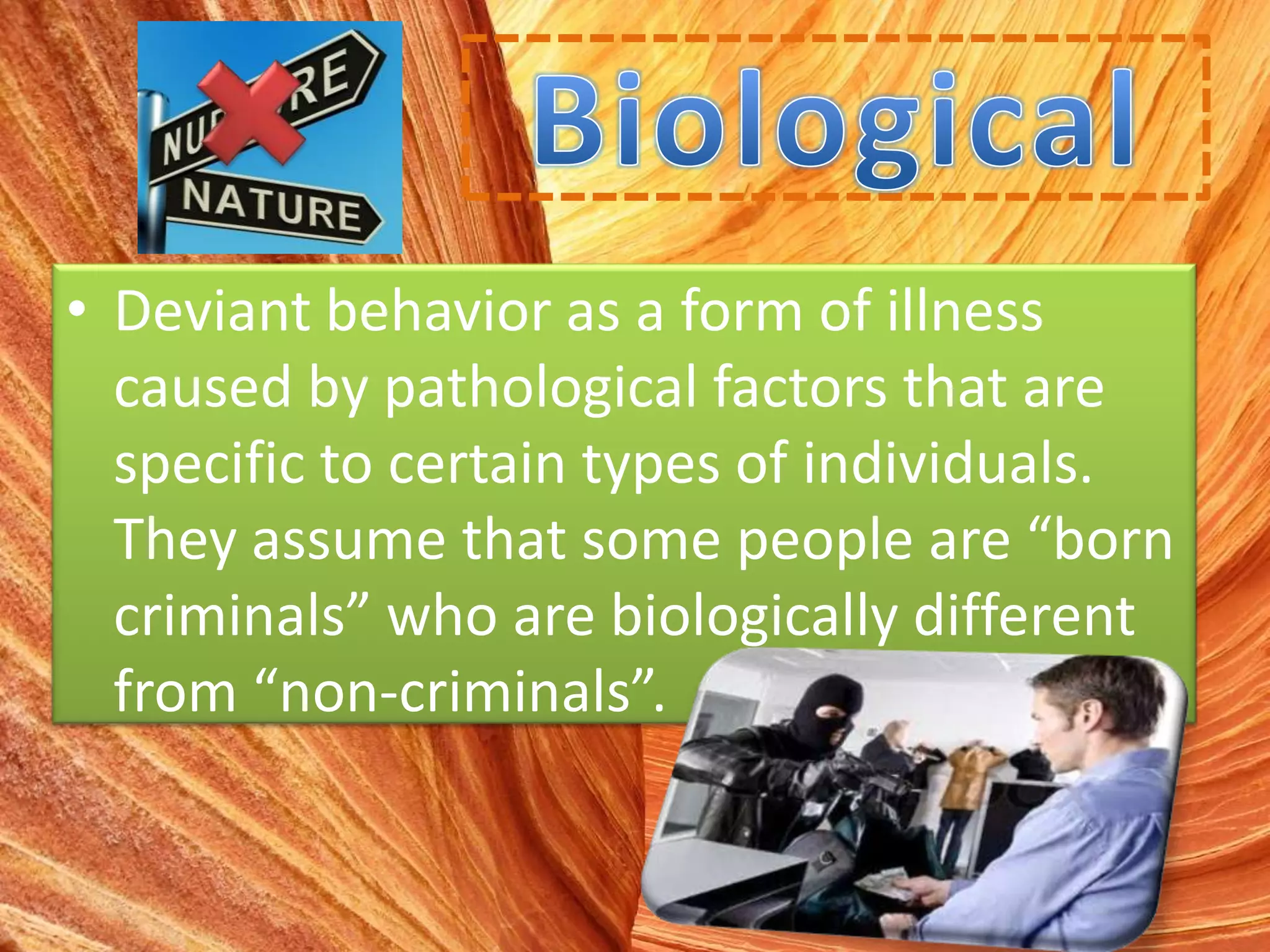• Deviant behavior as a form of illness
caused by pathological factors that are
specific to certain types of individuals.
They assume that some people are “born
criminals” who are biologically different
from “non-criminals”.
 