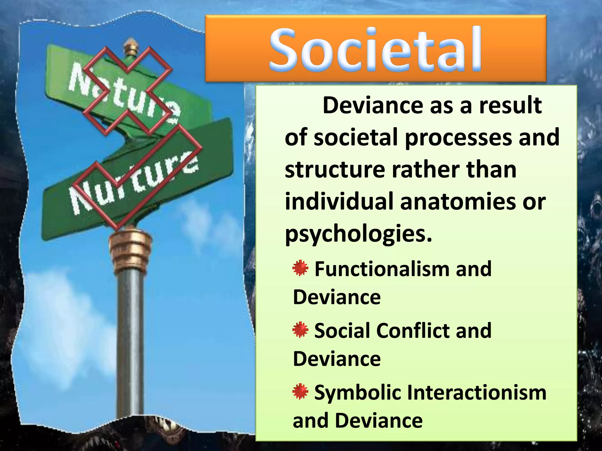 Deviance as a result
of societal processes and
structure rather than
individual anatomies or
psychologies.
Functionalism and
Deviance
Social Conflict and
Deviance
Symbolic Interactionism
and Deviance
 