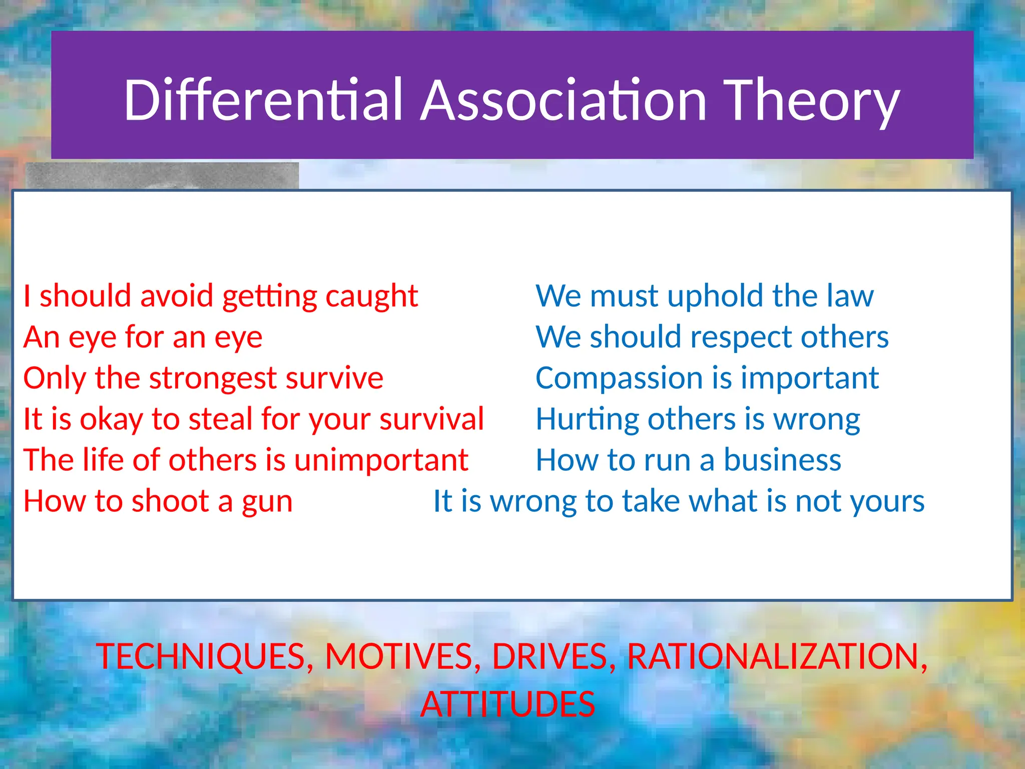 Differential Association Theory
Edwin
Sutherland
Individuals become deviants
when the balance of definitions
for law-breaking exceeds those
for law-abiding.
TECHNIQUES, MOTIVES, DRIVES, RATIONALIZATION,
ATTITUDES
Deviance is created through
“Cultural Transmissions”
I should avoid getting caught We must uphold the law
An eye for an eye We should respect others
Only the strongest survive Compassion is important
It is okay to steal for your survival Hurting others is wrong
The life of others is unimportant How to run a business
How to shoot a gun It is wrong to take what is not yours
 