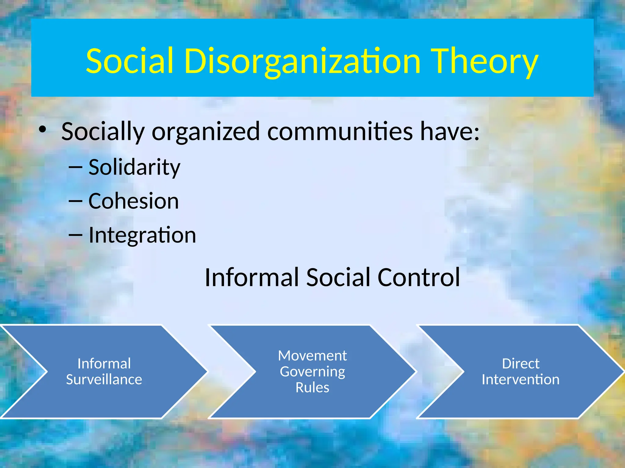 Social Disorganization Theory
• Socially organized communities have:
– Solidarity
– Cohesion
– Integration
Informal Social Control
Informal
Surveillance
Movement
Governing
Rules
Direct
Intervention
 