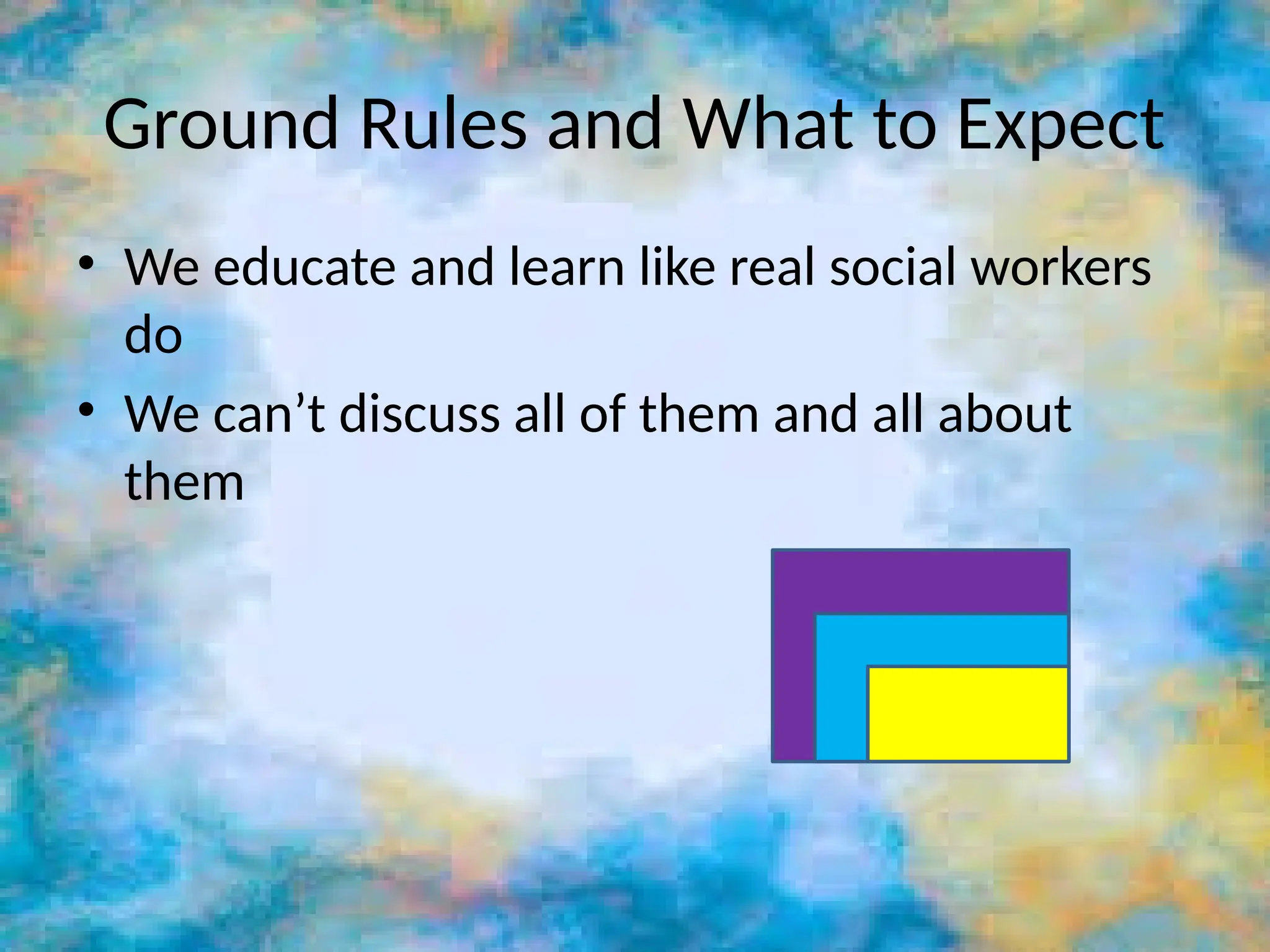 Ground Rules and What to Expect
• We educate and learn like real social workers
do
• We can’t discuss all of them and all about
them
 