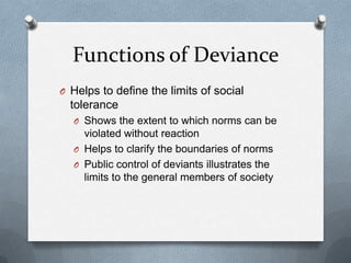 Functions of DevianceHelps to define the limits of social toleranceShows the extent to which norms can be violated without reactionHelps to clarify the boundaries of normsPublic control of deviants illustrates the limits to the general members of society