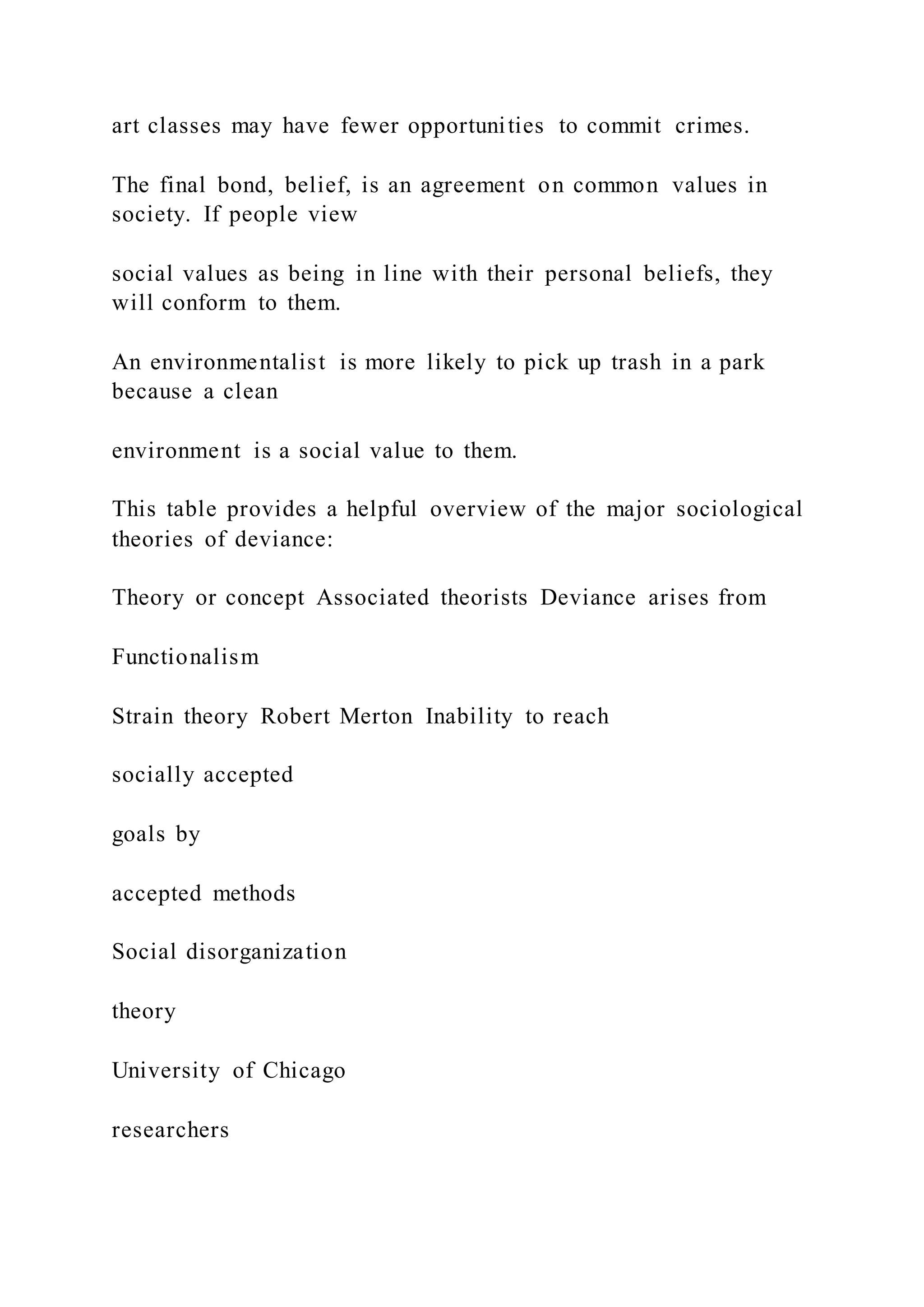 art classes may have fewer opportunities to commit crimes.
The final bond, belief, is an agreement on common values in
society. If people view
social values as being in line with their personal beliefs, they
will conform to them.
An environmentalist is more likely to pick up trash in a park
because a clean
environment is a social value to them.
This table provides a helpful overview of the major sociological
theories of deviance:
Theory or concept Associated theorists Deviance arises from
Functionalism
Strain theory Robert Merton Inability to reach
socially accepted
goals by
accepted methods
Social disorganization
theory
University of Chicago
researchers
 