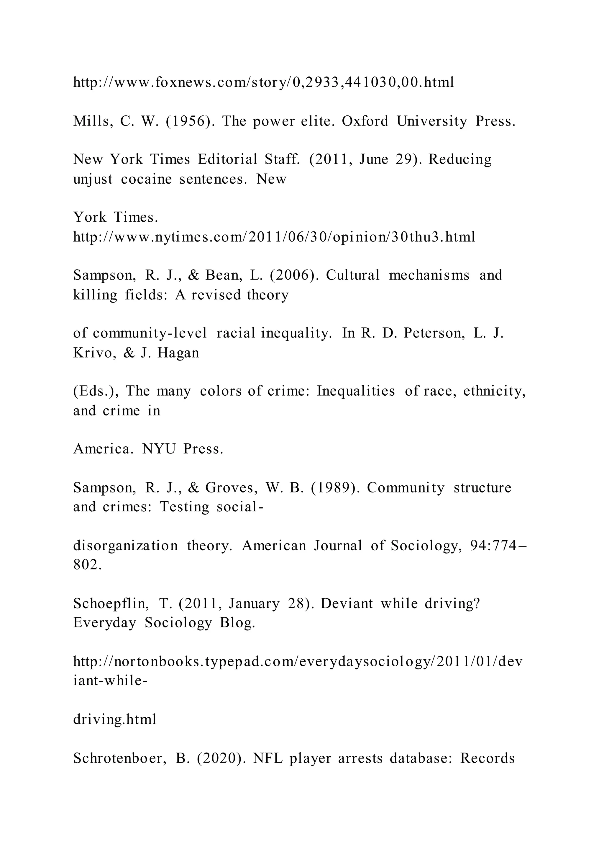 http://www.foxnews.com/story/0,2933,441030,00.html
Mills, C. W. (1956). The power elite. Oxford University Press.
New York Times Editorial Staff. (2011, June 29). Reducing
unjust cocaine sentences. New
York Times.
http://www.nytimes.com/2011/06/30/opinion/30thu3.html
Sampson, R. J., & Bean, L. (2006). Cultural mechanisms and
killing fields: A revised theory
of community-level racial inequality. In R. D. Peterson, L. J.
Krivo, & J. Hagan
(Eds.), The many colors of crime: Inequalities of race, ethnicity,
and crime in
America. NYU Press.
Sampson, R. J., & Groves, W. B. (1989). Community structure
and crimes: Testing social-
disorganization theory. American Journal of Sociology, 94:774–
802.
Schoepflin, T. (2011, January 28). Deviant while driving?
Everyday Sociology Blog.
http://nortonbooks.typepad.com/everydaysociology/2011/01/dev
iant-while-
driving.html
Schrotenboer, B. (2020). NFL player arrests database: Records
 