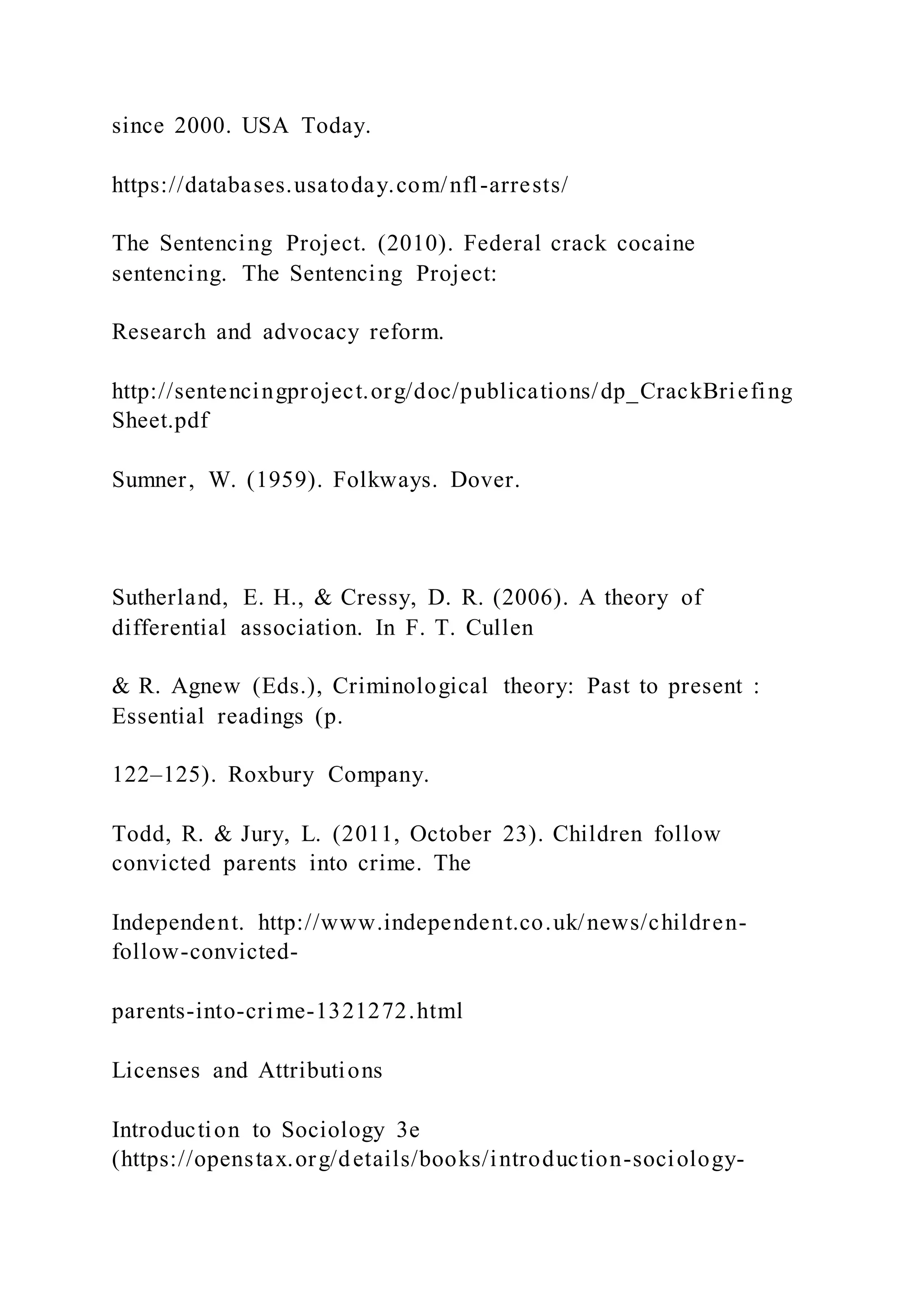 since 2000. USA Today.
https://databases.usatoday.com/nfl-arrests/
The Sentencing Project. (2010). Federal crack cocaine
sentencing. The Sentencing Project:
Research and advocacy reform.
http://sentencingproject.org/doc/publications/dp_CrackBriefing
Sheet.pdf
Sumner, W. (1959). Folkways. Dover.
Sutherland, E. H., & Cressy, D. R. (2006). A theory of
differential association. In F. T. Cullen
& R. Agnew (Eds.), Criminological theory: Past to present :
Essential readings (p.
122–125). Roxbury Company.
Todd, R. & Jury, L. (2011, October 23). Children follow
convicted parents into crime. The
Independent. http://www.independent.co.uk/news/children-
follow-convicted-
parents-into-crime-1321272.html
Licenses and Attributions
Introduction to Sociology 3e
(https://openstax.org/details/books/introduction-sociology-
 