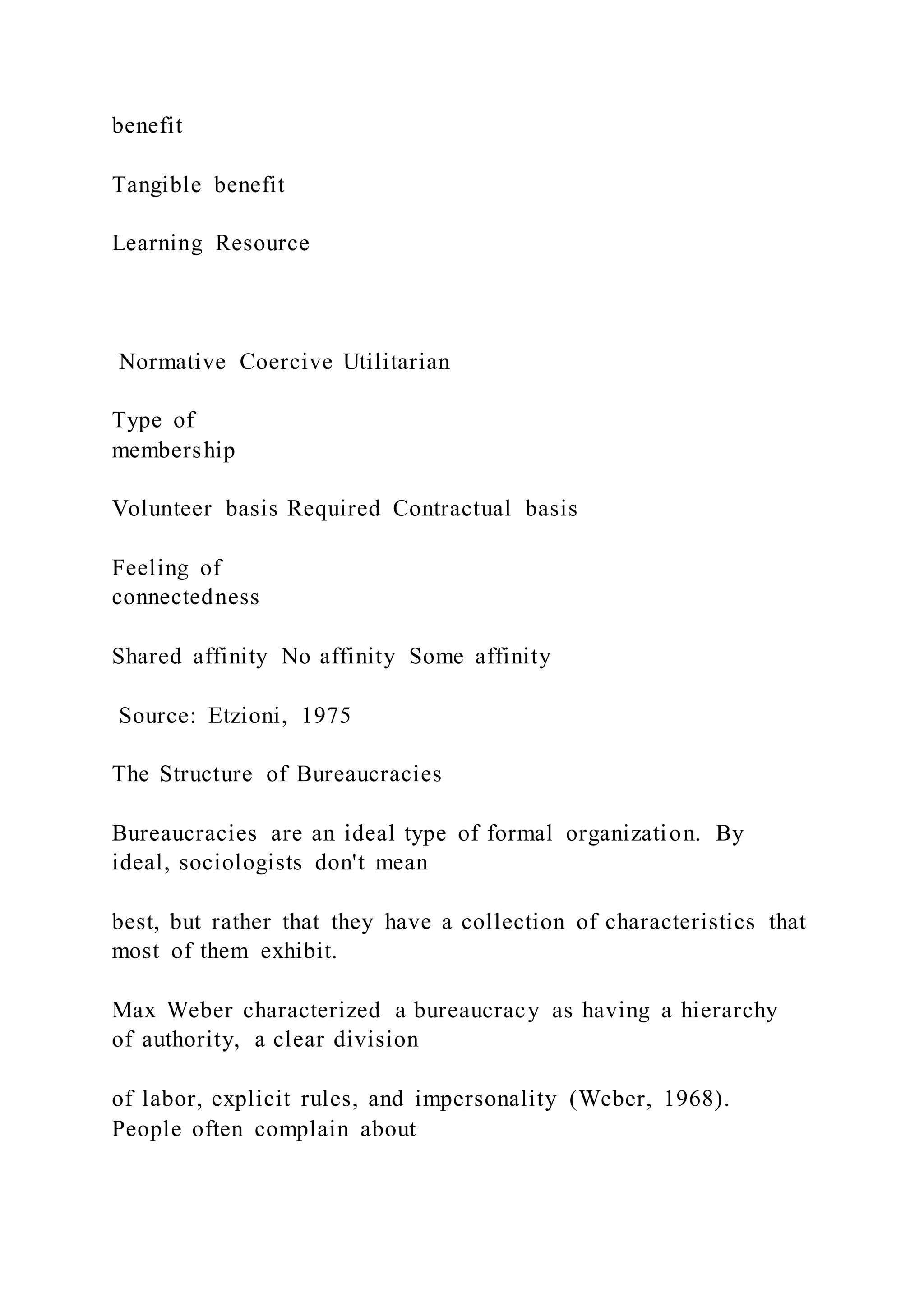 benefit
Tangible benefit
Learning Resource
Normative Coercive Utilitarian
Type of
membership
Volunteer basis Required Contractual basis
Feeling of
connectedness
Shared affinity No affinity Some affinity
Source: Etzioni, 1975
The Structure of Bureaucracies
Bureaucracies are an ideal type of formal organization. By
ideal, sociologists don't mean
best, but rather that they have a collection of characteristics that
most of them exhibit.
Max Weber characterized a bureaucracy as having a hierarchy
of authority, a clear division
of labor, explicit rules, and impersonality (Weber, 1968).
People often complain about
 
