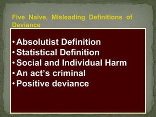 Five Naïve, Misleading Definitions of
Deviance
• Absolutist Definition
• Statistical Definition
• Social and Individual Ha...