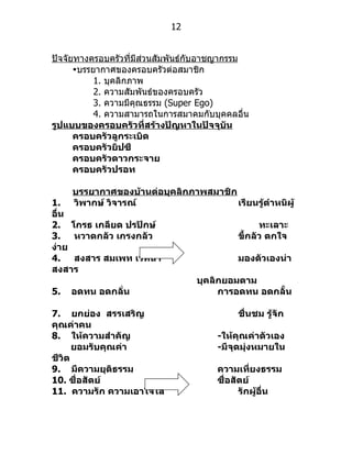 12


ปัจจัยทำงครอบครัวที่มีสวนสัมพันธ์กับอำชญำกรรม
                       ่
      Ÿบรรยำกำศของครอบครัวต่อสมำชิก
           1. บุคลิกภำพ
           2. ควำมสัมพันธ์ของครอบครัว
           3. ควำมมีคุณธรรม (Super Ego)
           4. ควำมสำมำรถในกำรสมำคมกับบุคคลอื่น
รูปแบบของครอบครัวที่สร้างปัญหาในปัจจุบน   ั
      ครอบครัวลูกระเบิด
      ครอบครัวยิปซี
      ครอบครัวดาวกระจาย
      ครอบครัวปรอท

     บรรยากาศของบ้านต่อบุคลิกภาพสมาชิก
1.   วิพากษ์ วิจารณ์                   เรียนรู้ตำาหนิผู้
อื่น
2. โกรธ เกลียด ปรปักษ์                           ทะเลาะ
3. หวาดกลัว เกรงกลัว                       ขี้กลัว ตกใจ
ง่าย
4. สงสาร สมเพท เวทนา                       มองตัวเองน่า
สงสาร
                                 บุคลิกยอมตาม
5.   อดทน อดกลั่น                     การอดทน อดกลั้น

7. ยกย่อง สรรเสริญ                         ชื่นชม รู้จัก
คุณค่าคน
8. ให้ความสำาคัญ                      -ให้คุณค่าตัวเอง
      ยอมรับคุณค่า                    -มีจุดมุ่งหมายใน
ชีวิต
9. มีความยุติธรรม                     ความเที่ยงธรรม
10. ซื่อสัตย์                         ซื่อสัตย์
11. ความรัก ความเอาใจใส่                    รักผู้อื่น
 