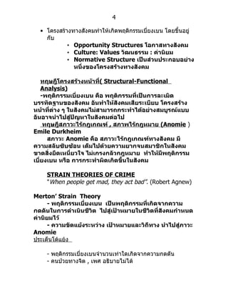 4

  • โครงสร้ำงทำงสังคมทำำให้เกิดพฤติกรรมเบี่ยงเบน โดยขึ้นอยู่
    กับ
            • Opportunity Structures โอกาสทางสังคม
            • Culture: Values วัฒนธรรม : ค่านิยม
            • Normative Structure เป็นส่วนประกอบอย่าง
              หนึ่งของโครงสร้างทางสังคม

    ทฤษฎีโครงสร้างหน้าที่( Structural-Functional
    Analysis)
    -พฤติกรรมเบี่ยงเบน คือ พฤติกรรมที่เป็นการละเมิด
บรรทัดฐานของสังคม อันทำาให้สังคมเสียระเบียบ โครงสร้าง
หน้าที่ต่าง ๆ ในสังคมไม่สามารถกระทำาได้อย่างสมบูรณ์แบบ
อันอาจนำาไปสู่ปัญหาในสังคมต่อไป
     ทฤษฎีสภาวะไร้กฎเกณฑ์ , สภาพไร้กฎหมาย (Anomie )
Emile Durkheim
      สภาวะ Anomie คือ สภาวะไร้กฎเกณฑ์ทางสังคม มี
ความสลับซับซ้อน เต็มไปด้วยความยากจนสมาชิกในสังคม
ขาดสิ่งยึดเหนี่ยวใจ ไม่เกรงกลัวกฎหมาย ทำาให้มีพฤติกรรม
เบี่ยงเบน หรือ การกระทำาผิดเกิดขึ้นในสังคม

    STRAIN THEORIES OF CRIME
    "When people get mad, they act bad”. (Robert Agnew)

Merton’ Strain Theory
      - พฤติกรรมเบี่ยงเบน เป็นพฤติกรรมที่เกิดจากความ
กดดันในการดำาเนินชีวิต ไปสู่เป้าหมายในชีวิตที่สังคมกำาหนด
ค่านิยมไว้
      - ความขัดแย้งระหว่าง เป้าหมายและวิถีทาง นำาไปสู่ภาวะ
Anomie
ประเด็นโต้แย้ง

    - พฤติกรรมเบี่ยงเบนจำำนวนเท่ำใดเกิดจำกควำมกดดัน
    - คนป่วยทำงจิต , เพศ อธิบำยไม่ได้
 