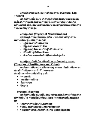 7

      ทฤษฎีความล้าหลังในทางวัฒนธรรม (Cultural Lag
Theory)
      พฤติกรรมเบี่ยงเบน เกิดจากความสลับซับซ้อนของยุค
เครื่องจักรกลหรืออุตสาหกรรม ซึ่งมีความเจริญทำาให้เกิด
ความล้าหลังของวัฒนธรรมตามมา และปัญหาสังคม เช่น การ
ว่างงาน ปัญหาวัยรุ่น

    ทฤษฎีแก้ตัว (Theory of Neutralization)
    ผู้ที่มีพฤติกรรมเบี่ยงเบน หรือ ประกอบอาชญากรรม
เพราะเรียนรู้เทคนิคการแก้ตัว
    • ปฏิเสธความรับผิดชอบ
    • ปฏิเสธการกระทำาร้าย
    • ปฏิเสธผู้เสียหายหรือผู้ได้รับอันตราย
    • ปรักปรำาผู้ที่ปรักปรำาตน
    • อ้างถึงความจงรักภักดีในระดับที่สูงขึ้น

    ทฤษฎีสถาบันที่เกี่ยวเนื่องกับการเกิดอาชญากรรม
(Theories of Institutions and Crime)
    พฤติกรรมเบี่ยงเบน หรือ อาชญากรรม เกิดขึ้นเนื่องจาก
สถาบันในสังคมทำาหน้าที่ไม่เหมาะสม
สถาบันทางสังคมที่สำาคัญ อาทิ
  • ครอบครัว
  • สถาบันการศึกษา
  • สื่อมวลชน
  • รัฐบาล

  Process Theories:
    พฤติกรรมเบี่ยงเบนเป็นลักษณะของพฤติกรรมที่เกิดจาก
การตัดสินใจ การเปรียบเทียบผลของพฤติกรรมที่แสดงออก
มา
  • เกิดจากการเรียนรู้ Learning
  • การแปลความหมาย Interpretation
  • กระบวนการขัดเกลาทางสังคม Socialization
 