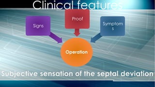 Subjective sensation of the septal deviation
Operation
Proof
Signs Symptom
s
Clinical features
 