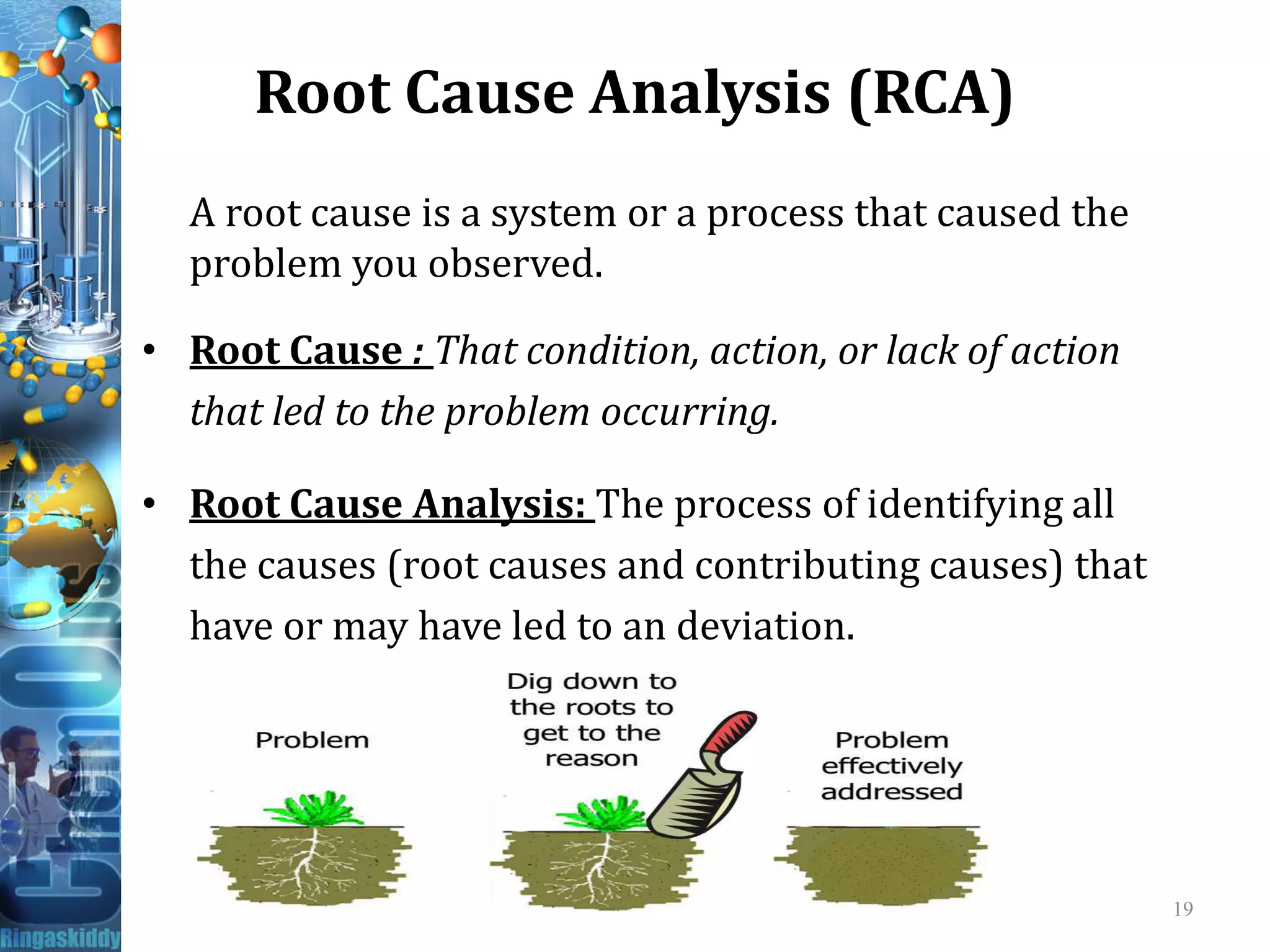 Root Cause Analysis (RCA)
A root cause is a system or a process that caused the
problem you observed.
• Root Cause : That condition, action, or lack of action
that led to the problem occurring.
• Root Cause Analysis: The process of identifying all
the causes (root causes and contributing causes) that
have or may have led to an deviation.
19
 
