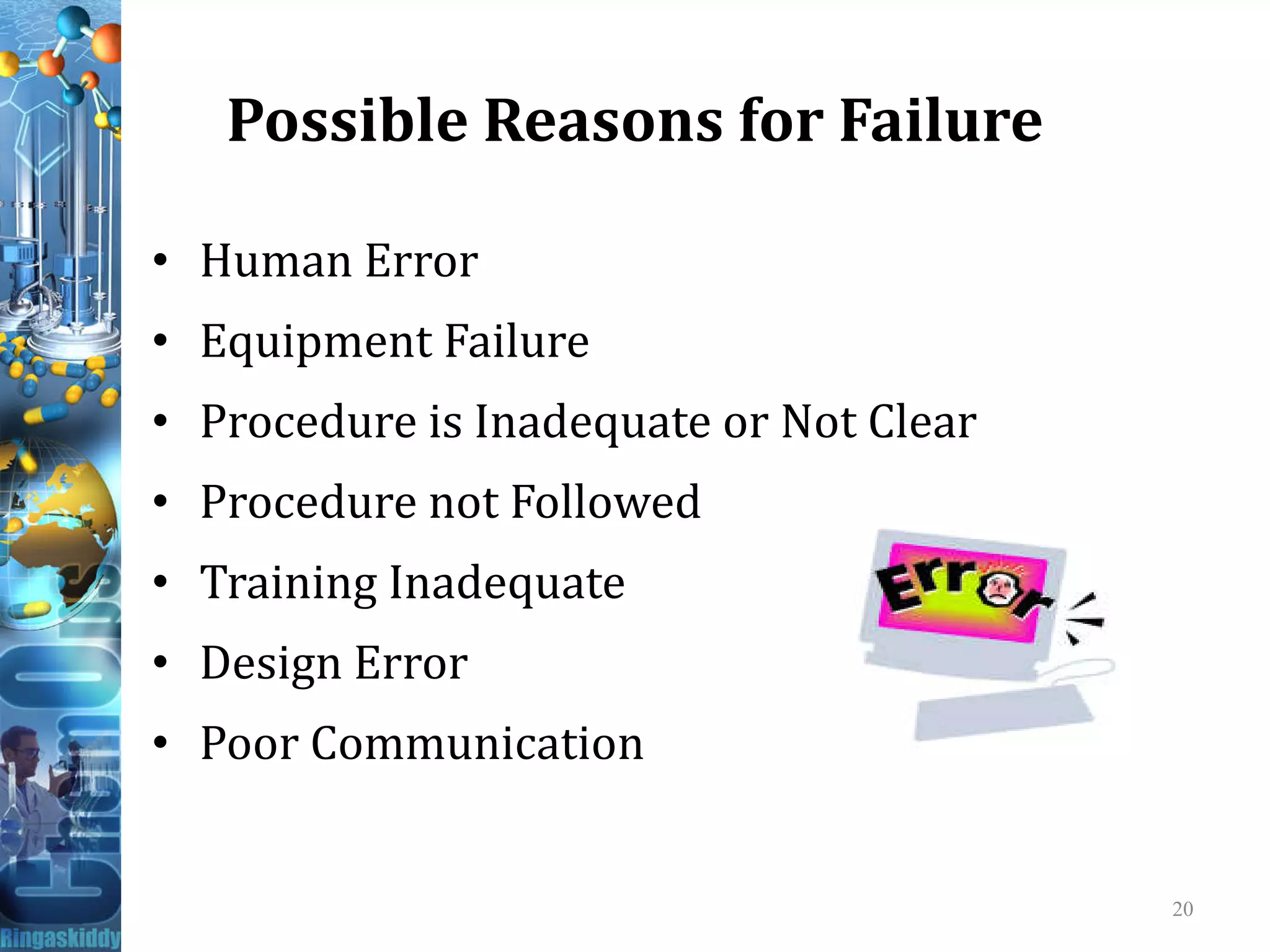 Possible Reasons for Failure
• Human Error
• Equipment Failure
• Procedure is Inadequate or Not Clear
• Procedure not Followed• Procedure not Followed
• Training Inadequate
• Design Error
• Poor Communication
20
 
