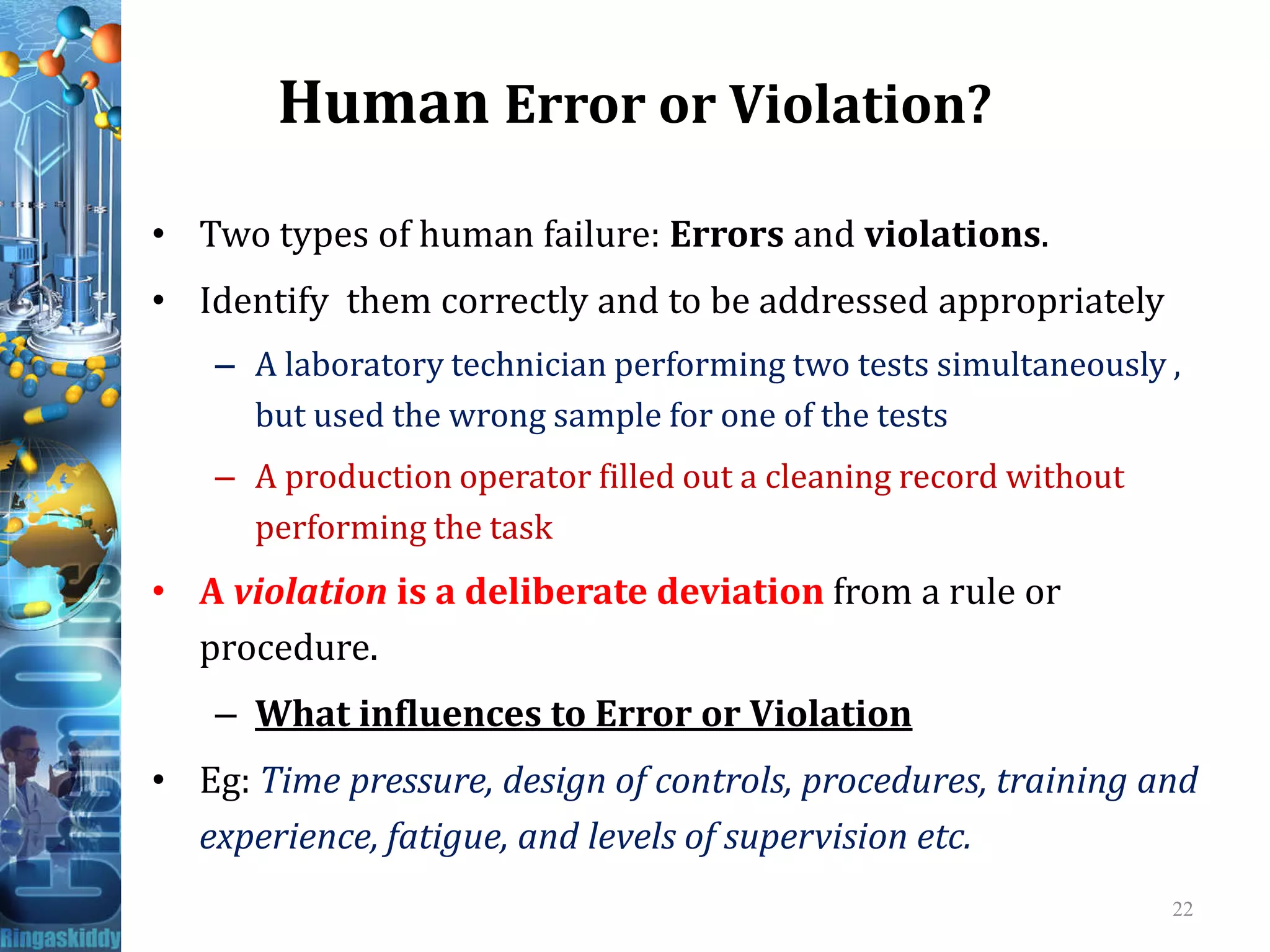 Human Error or Violation?
• Two types of human failure: Errors and violations.
• Identify them correctly and to be addressed appropriately
– A laboratory technician performing two tests simultaneously ,
but used the wrong sample for one of the tests
– A production operator filled out a cleaning record without– A production operator filled out a cleaning record without
performing the task
• A violation is a deliberate deviation from a rule or
procedure.
– What influences to Error or Violation
• Eg: Time pressure, design of controls, procedures, training and
experience, fatigue, and levels of supervision etc.
22
 