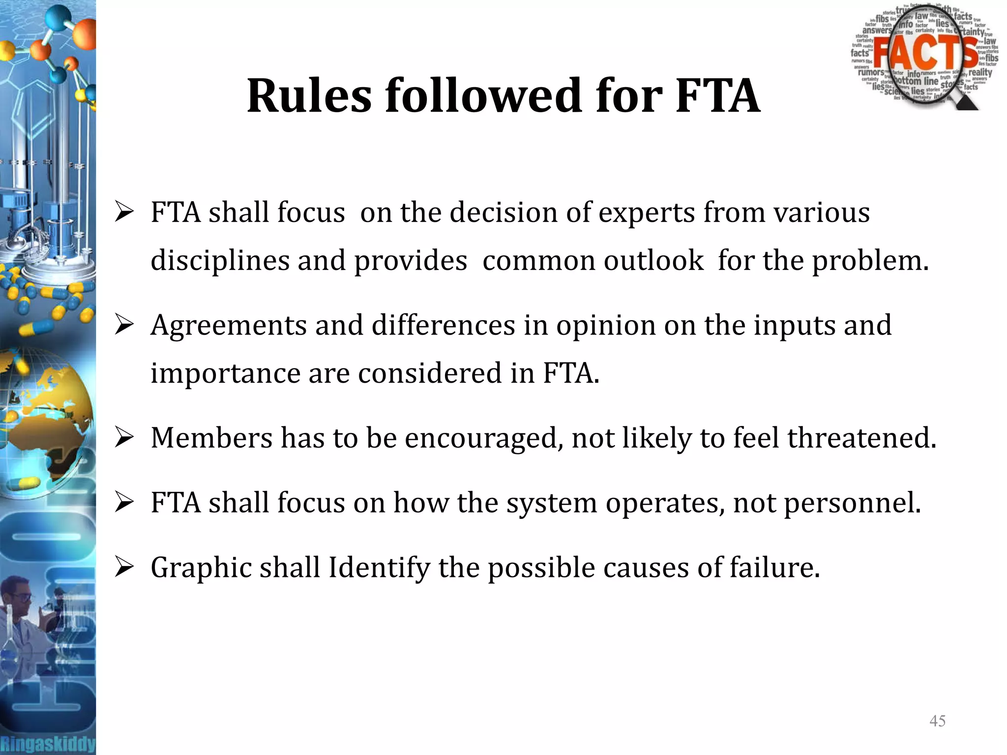 Rules followed for FTA
 FTA shall focus on the decision of experts from various
disciplines and provides common outlook for the problem.
 Agreements and differences in opinion on the inputs and
importance are considered in FTA.importance are considered in FTA.
 Members has to be encouraged, not likely to feel threatened.
 FTA shall focus on how the system operates, not personnel.
 Graphic shall Identify the possible causes of failure.
45
 
