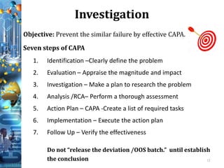 Deviation, OOS & complaint investigation and CAPA | PDF