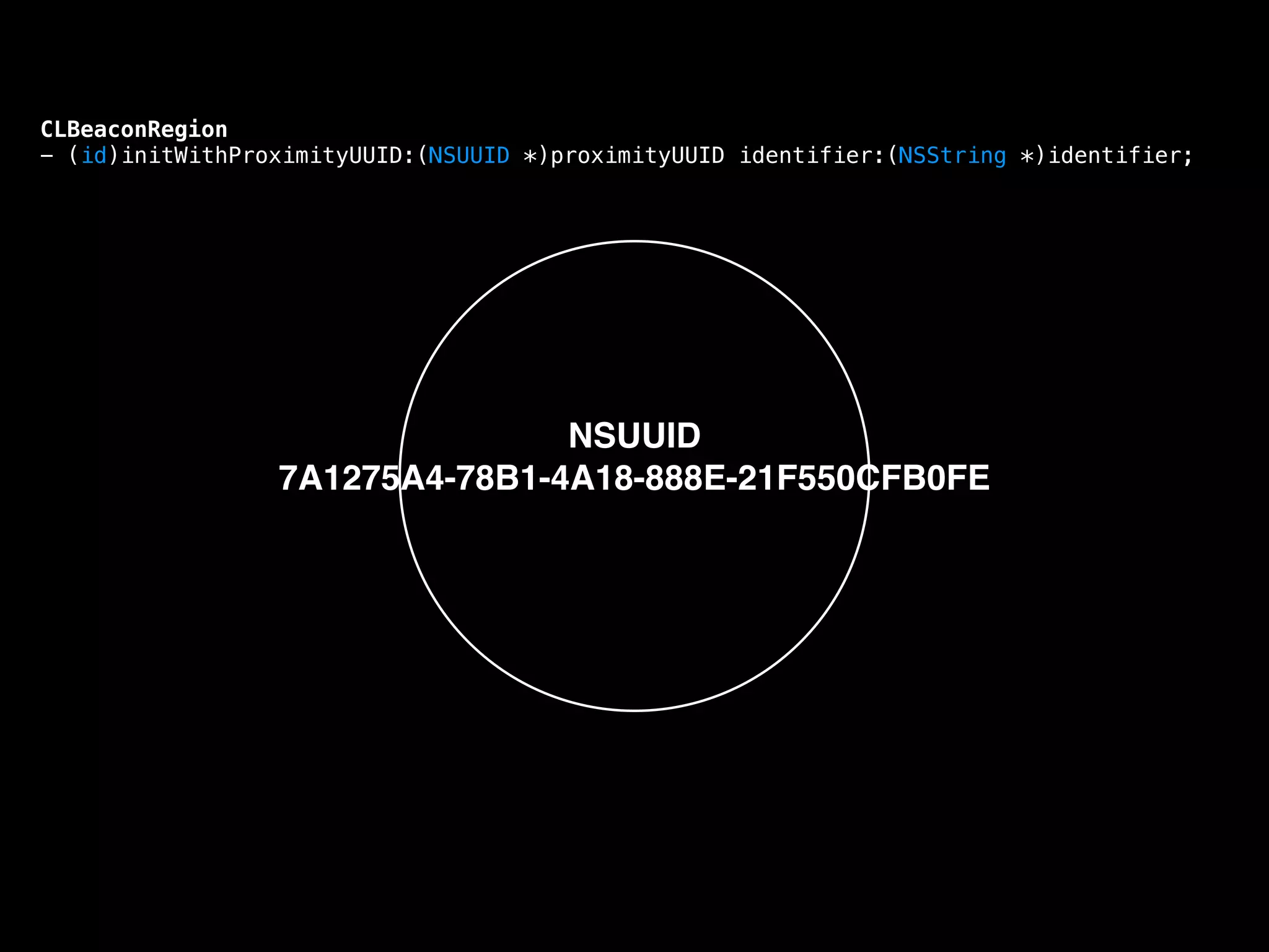 CLBeaconRegion
- (id)initWithProximityUUID:(NSUUID *)proximityUUID identifier:(NSString *)identifier;

NSUUID!
7A1275A4-78B1-4A18-888E-21F550CFB0FE

 