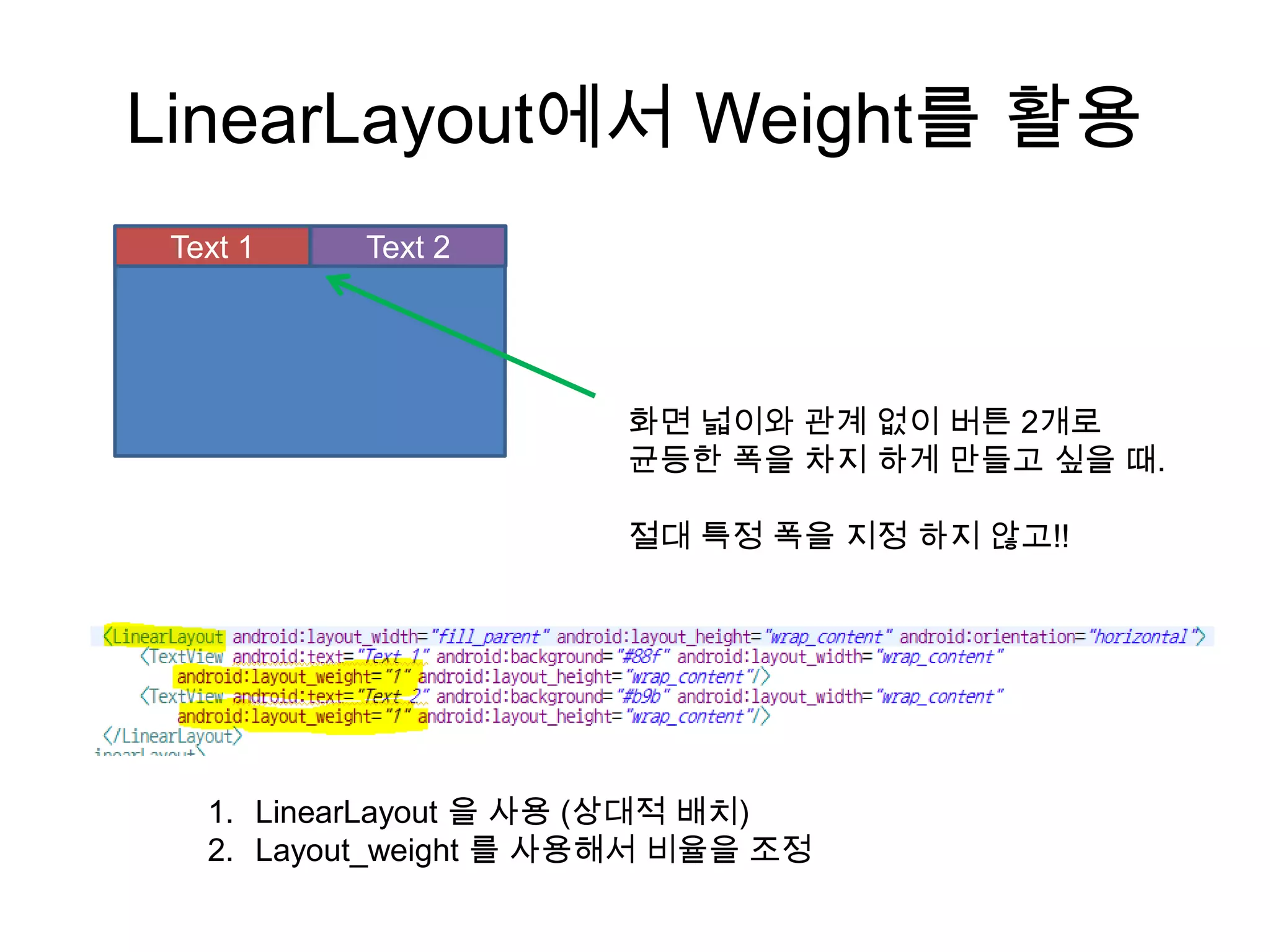 LinearLayout에서 Weight를 활용
 Text 1   Text 2




                       화면 넓이와 관계 없이 버튼 2개로
                       균등한 폭을 차지 하게 만들고 싶을 때.

                       절대 특정 폭을 지정 하지 않고!!




   1. LinearLayout 을 사용 (상대적 배치)
   2. Layout_weight 를 사용해서 비율을 조정
 
