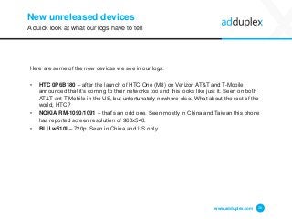 New unreleased devices 
Here are some of the new devices we see in our logs: 
•HTC 0P6B180 –after the launch of HTC One (M...
