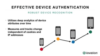 EFFECTIVE DEVICE AUTHENTICATION
R O B U S T D E V I C E R E C O G N I T I O N
• Utilizes deep analytics of device
attributes over time
• Measures and tracks change
independent of cookies and
IP addresses
 