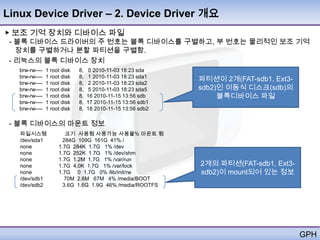 Linux Device Driver – 2. Device Driver 개요
▶ 보조 기억 장치와 디바이스 파일
 - 블록 디바이스 드라이버의 주 번호는 블록 디바이스를 구별하고, 부 번호는 물리적인 보조 기억
   장치를 구별하거나 분할 파티션을 구별함.
 - 리눅스의 블록 디바이스 장치
   brw-rw----   1 root disk   8,    0 2010-11-03 18:23 sda
   brw-rw----   1 root disk   8,    1 2010-11-03 18:23 sda1
                                                              파티션이 2개(FAT-sdb1, Ext3-
   brw-rw----   1 root disk   8,    2 2010-11-03 18:23 sda2
   brw-rw----   1 root disk   8,    5 2010-11-03 18:23 sda5   sdb2)인 이동식 디스크(sdb)의
   brw-rw----   1 root disk   8,   16 2010-11-15 13:56 sdb         블록디바이스 파일
   brw-rw----   1 root disk   8,   17 2010-11-15 13:56 sdb1
   brw-rw----   1 root disk   8,   18 2010-11-15 13:56 sdb2

 - 블록 디바이스의 마운트 정보
   파일시스템                크기 사용됨 사용가능 사용율% 마운트 됨
   /dev/sda1           284G 109G 161G 41% /
   none              1.7G 284K 1.7G 1% /dev
   none              1.7G 252K 1.7G 1% /dev/shm
   none              1.7G 1.2M 1.7G 1% /var/run
   none              1.7G 4.0K 1.7G 1% /var/lock              2개의 파티션(FAT-sdb1, Ext3-
   none              1.7G 0 1.7G 0% /lib/init/rw              sdb2)이 mount되어 있는 정보
   /dev/sdb1            70M 2.6M 67M 4% /media/BOOT
   /dev/sdb2           3.6G 1.6G 1.9G 46% /media/ROOTFS




                                                                                        GPH
 