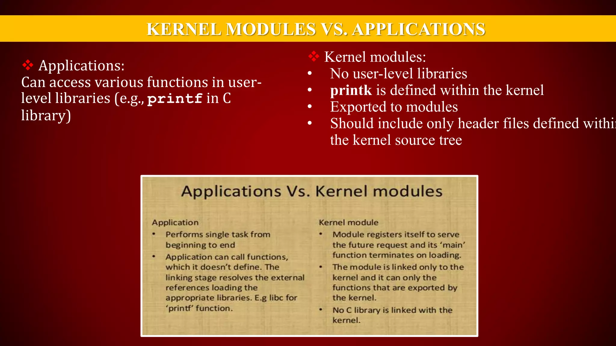KERNEL MODULES VS. APPLICATIONS
 Applications:
Can access various functions in user-
level libraries (e.g., printf in C
library)
 Kernel modules:
• No user-level libraries
• printk is defined within the kernel
• Exported to modules
• Should include only header files defined within
the kernel source tree
 